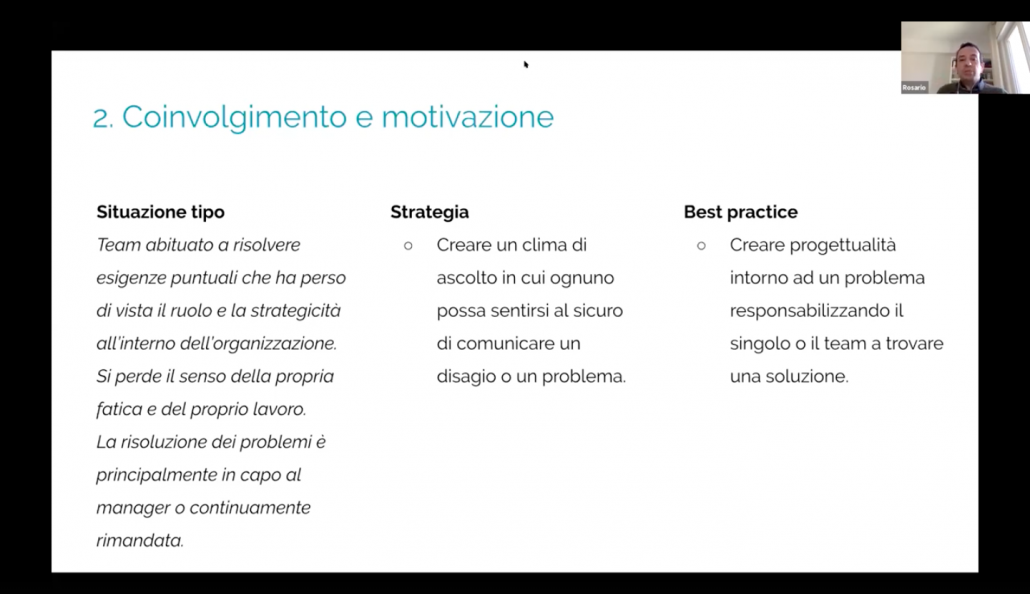 schermata rappresentativa del secondo punto affrontato durante il webinar: coinvolgimento e motivazione